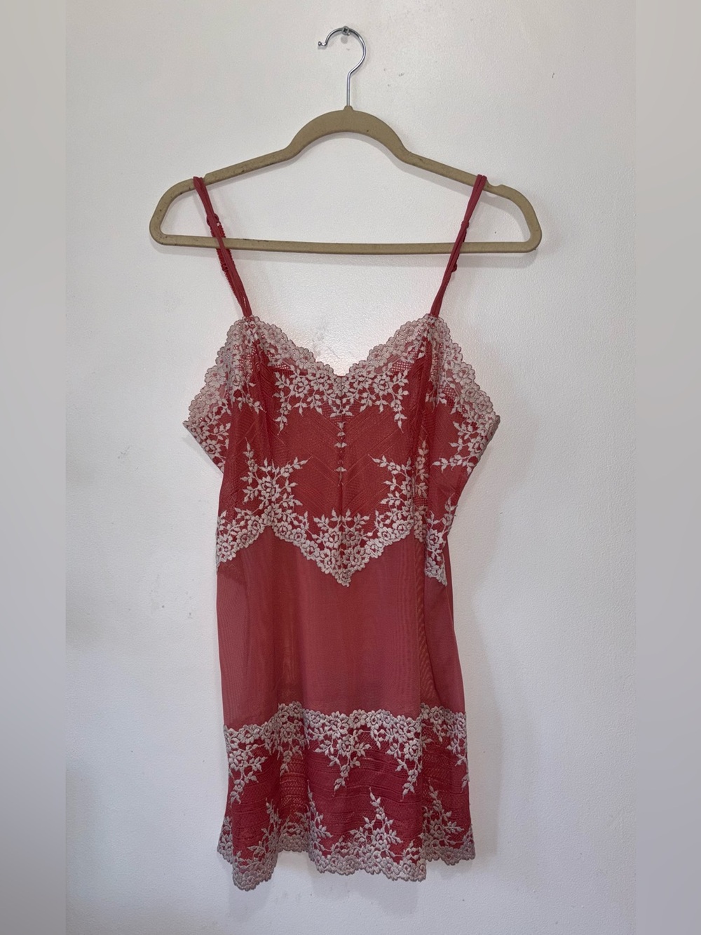 Wacoal Red Slip Chemise with White Lace Trim